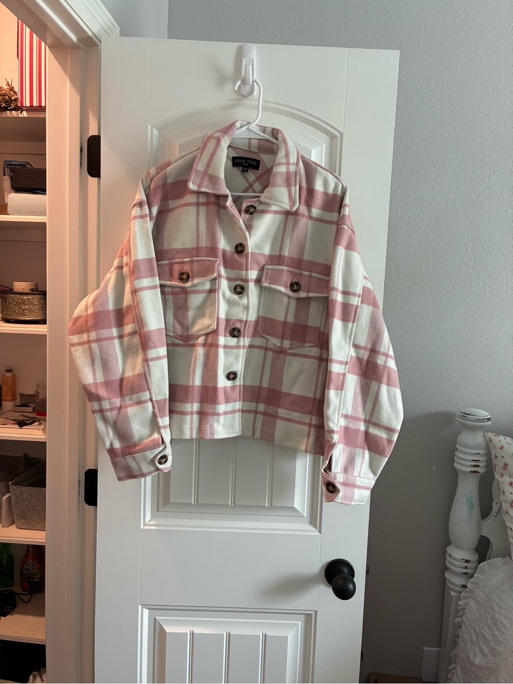 Love Tree Pink & Cream Plaid Button-Front Cropped Jacket
